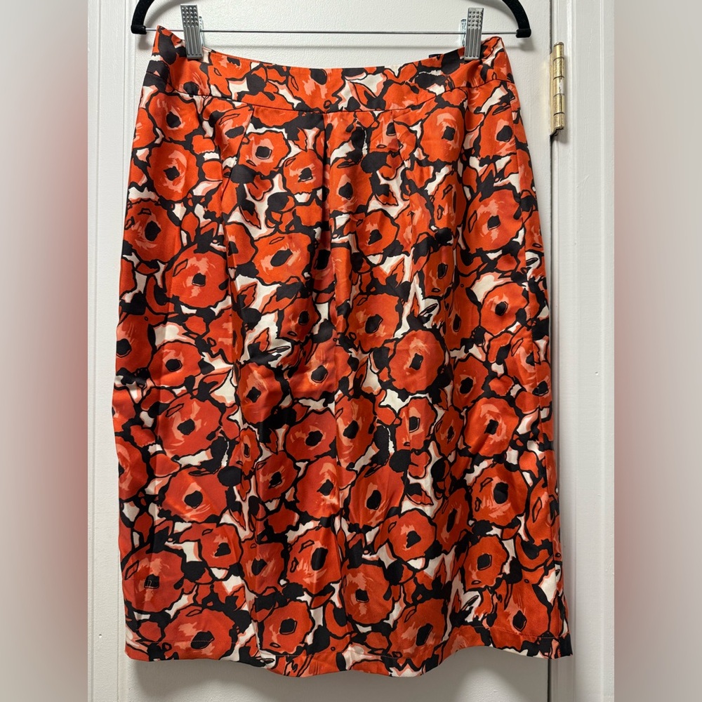 BODEN 100% Silk Poppy Print Skirt | Orange Black Floral 10R